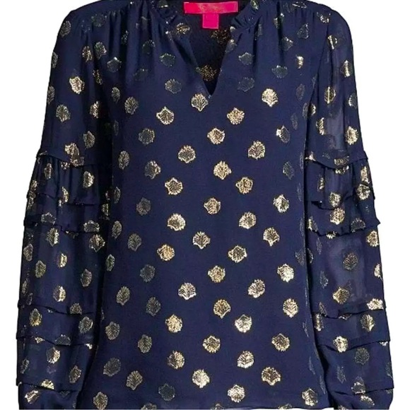 NWT LILLY PULITZER GIANA SILK TOP TRUE NAVY SEAGRASS METALLIC CLIP CHIFFON - Picture 8 of 8